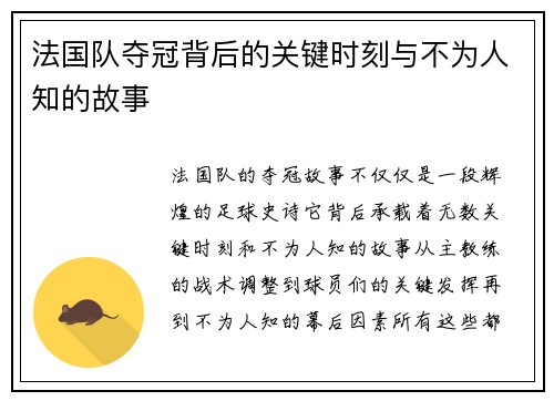 法国队夺冠背后的关键时刻与不为人知的故事